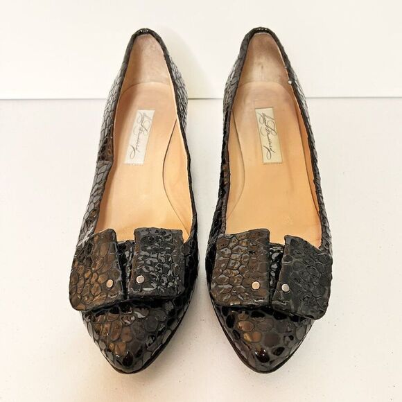 CLEARANCE - Diana Broussard Brown Patent Croc Leather Low Heel Pump - Picture 3 of 9